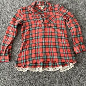 Matilda Jane Top XS Noble Lace Plaid Tunic Flannel Orange Blue Popover Shirt